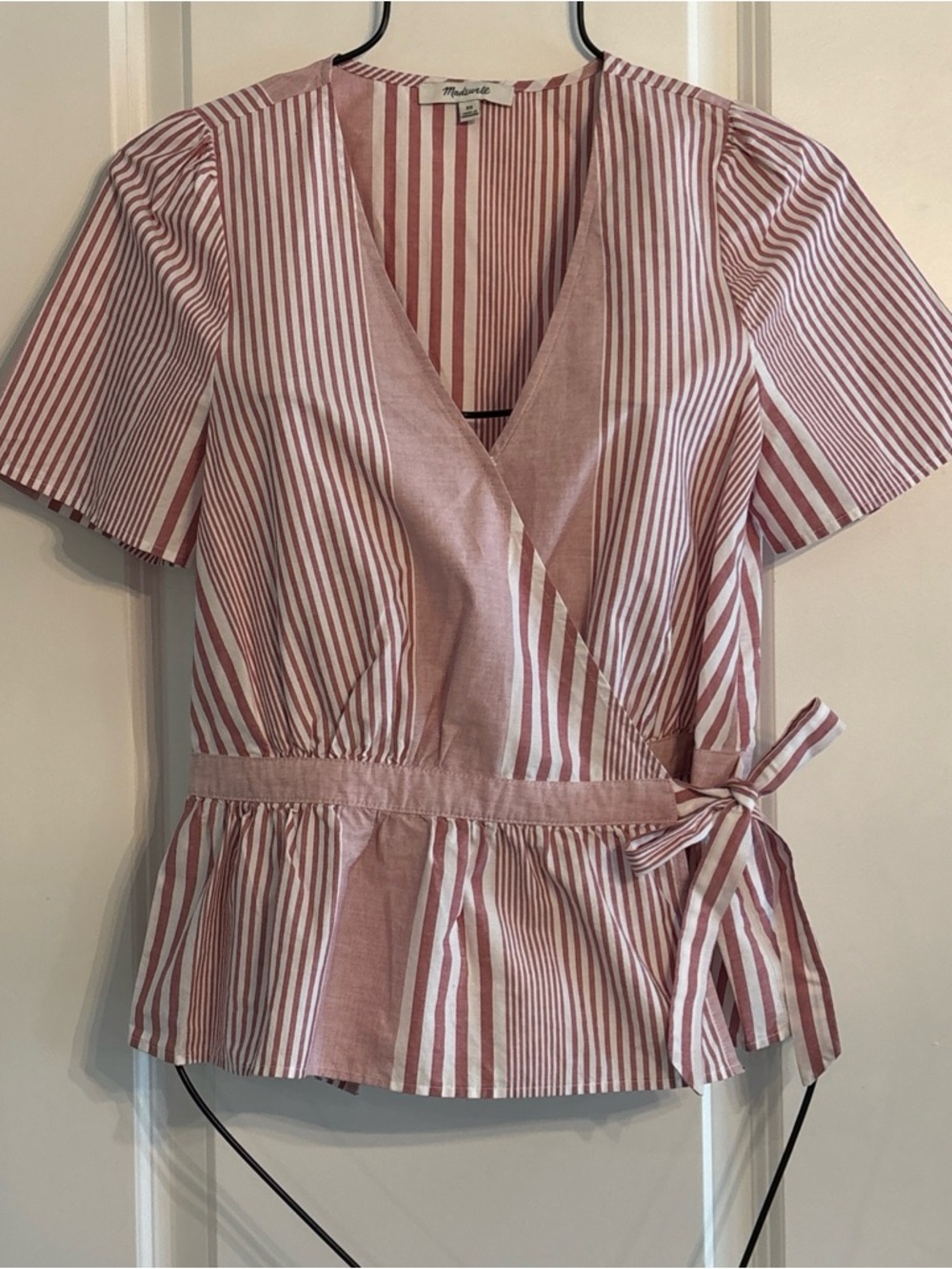 Madewell Dusty Rose white pinstriped Wrap Around short sleeve Cotton Top - XS